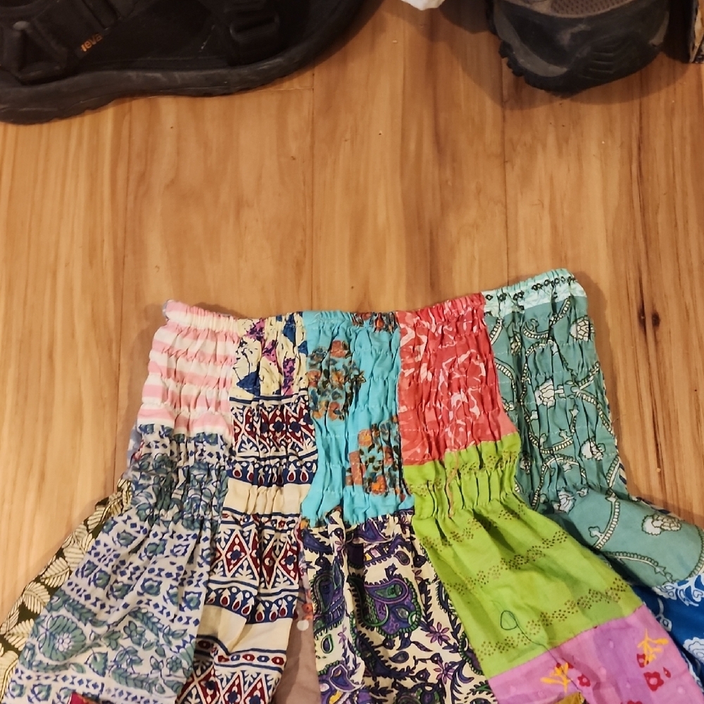 Casual Blue and Green Patchwork Pants with Elastic Waist - Picture 4 of 6